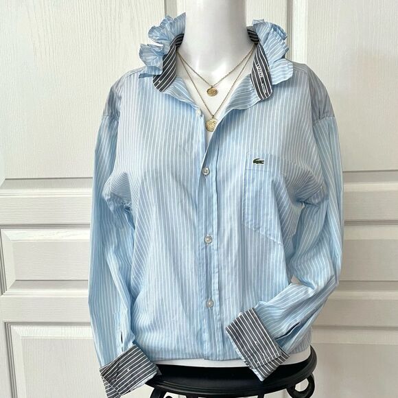 Lacoste UpCycled Handmade Blue Striped Ruffle Collar Button Down Shirt Size XS - Picture 1 of 16